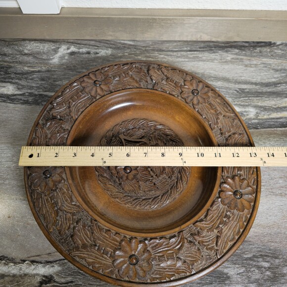 Vintage Hand Carved Wooden Charger Bowl/Plate Floral Folk Art Rustic Boho 14” - Picture 10 of 10